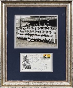 1961 New York Yankees Multi Signed 1969 Centennial First Day Cover With Team Photo In 16 x 19 Framed Display (PSA/DNA)
